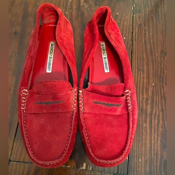 Manolo Blahnik Vibrant Red Suede Slip-Ons - Picture 1 of 7